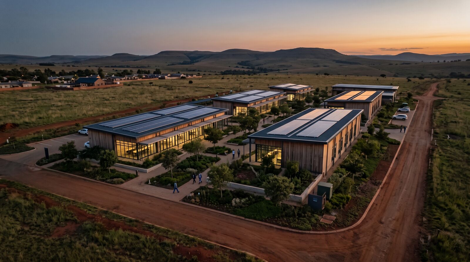 Aerial view at dusk of a new enterprise precinct: timber and glass buildings with rooftop solar panels, set in highveld grassland.