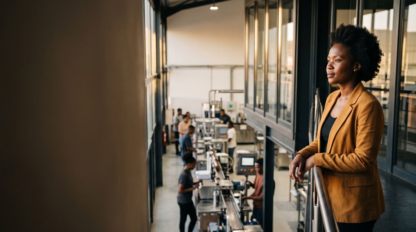 A founder in an ochre jacket rests a hand on a mezzanine railing, looking out over a bright manufacturing floor where a young team works.