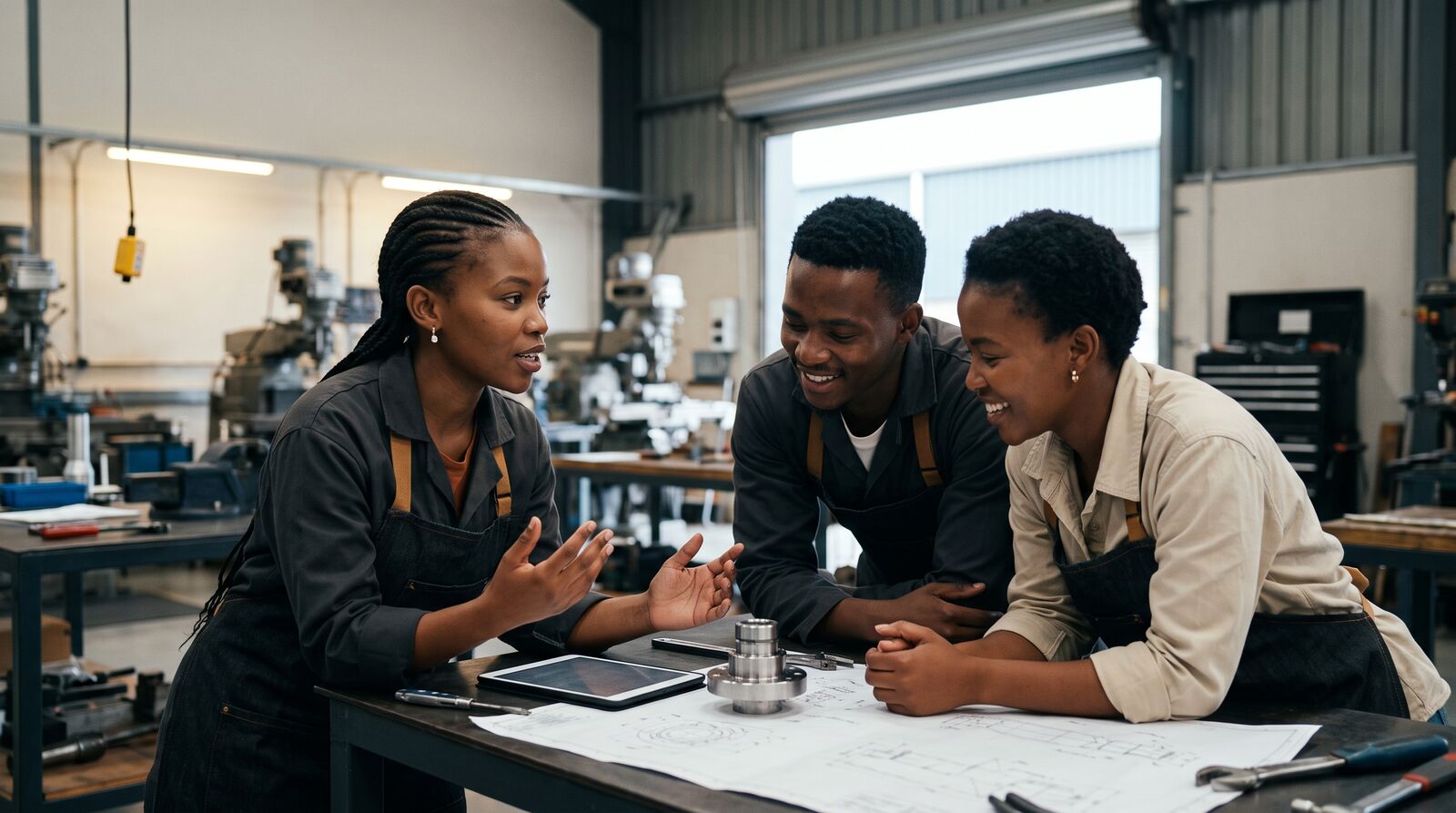 Three young people in a technical workshop, gathered around a workbench with a tablet, a precision component and engineering drawings.